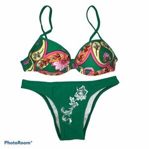 Brazilian Size Small Bright Green Floral Design New With Tags